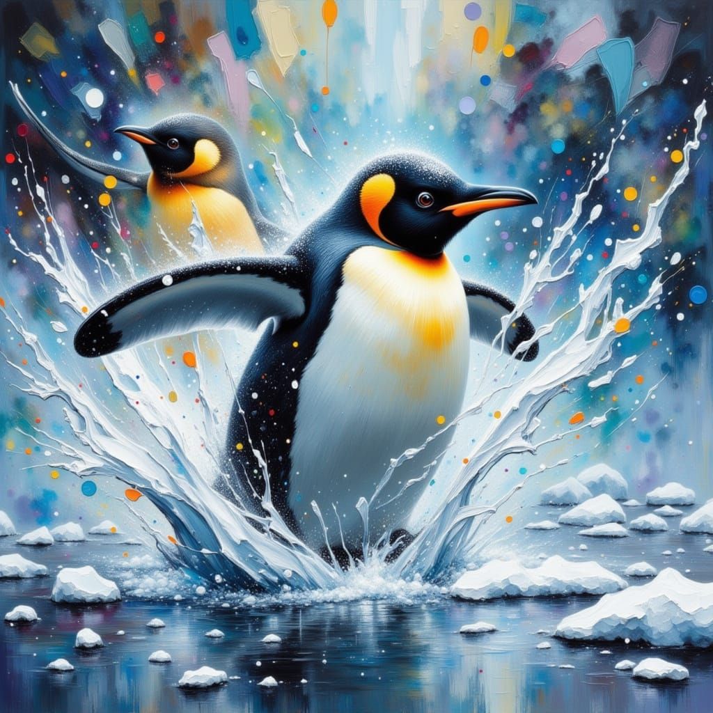 Penguin Leaps from Frozen Pond in Impasto Style