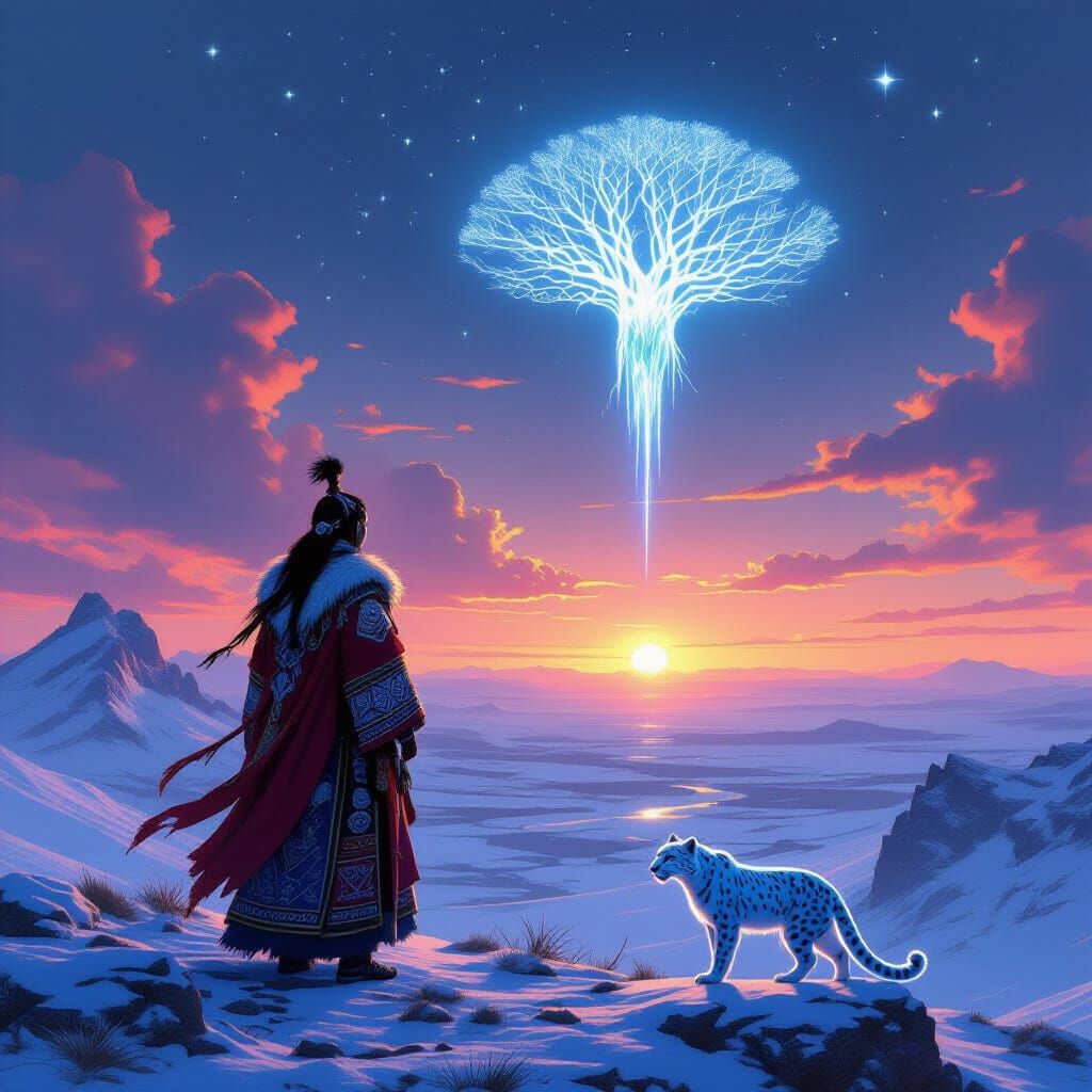 Mongolian Shaman and Spirit Guide at Sunset
