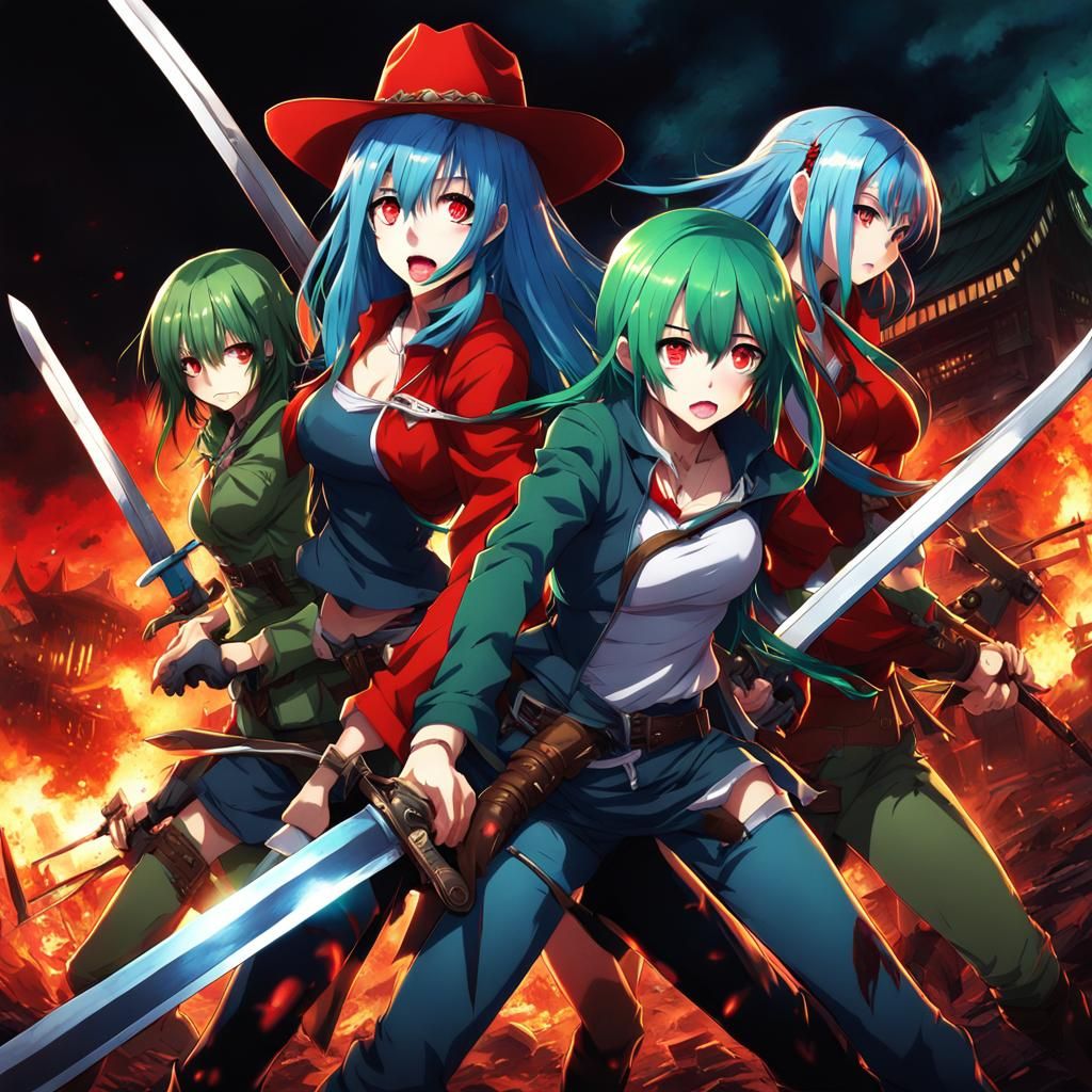 Anime Women Defending Against Zombies