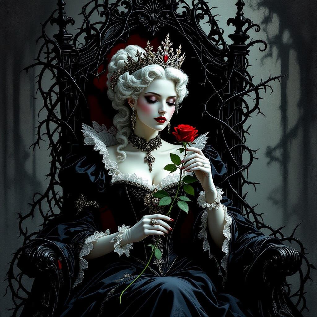 Regal Queen on Thorny Throne in Dark Fantasy Style