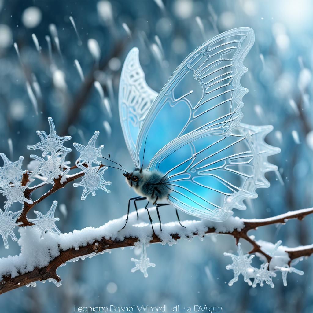 Icy Blue Butterfly on Winter Branch, Da Vinci Style