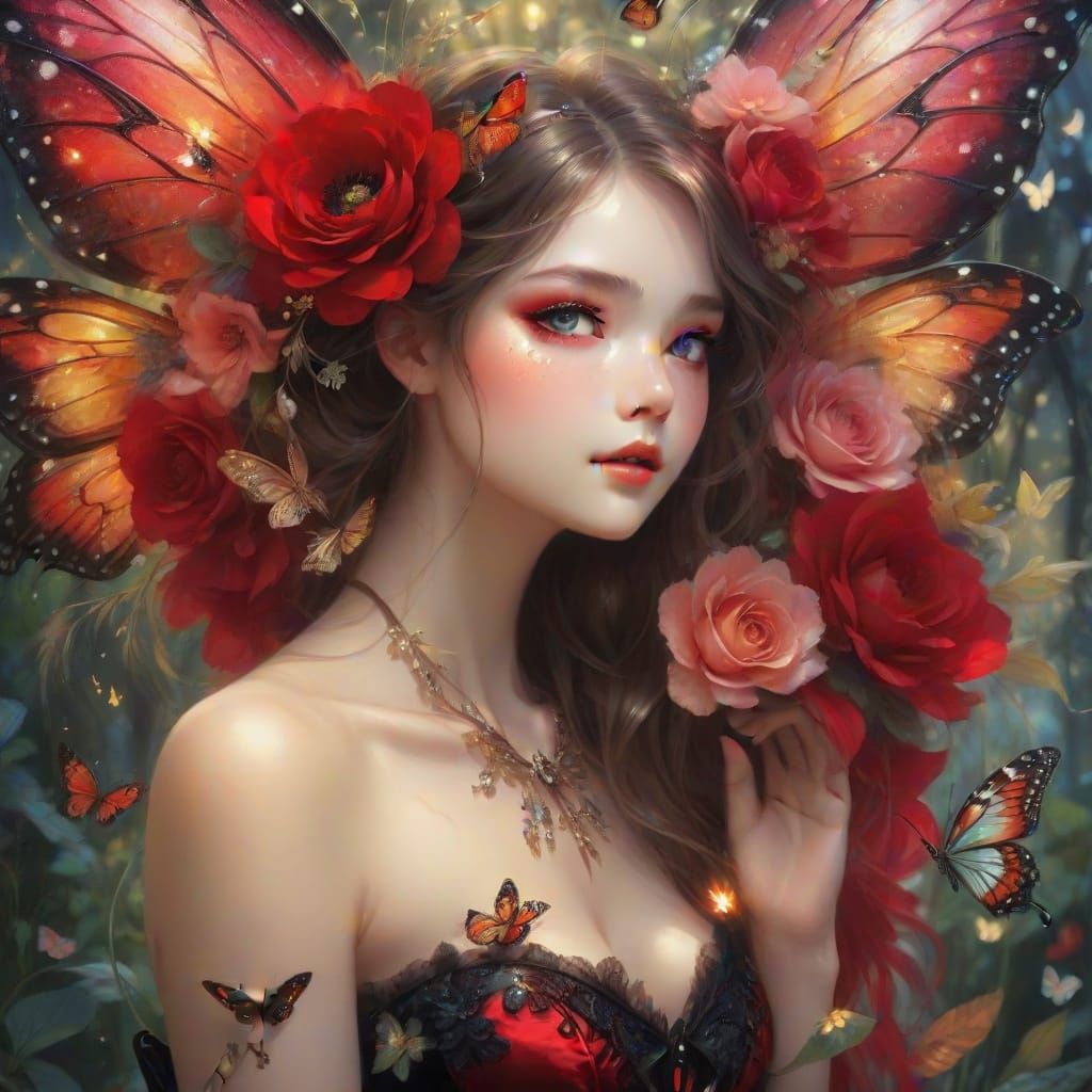 Winged Woman Dances in Moonlit Jurassic Garden