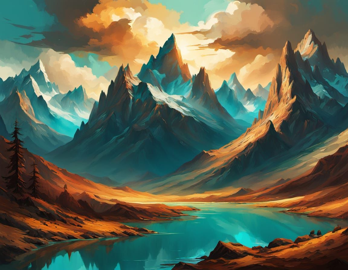 Vibrant Mountain Range in Digital Oil Painting