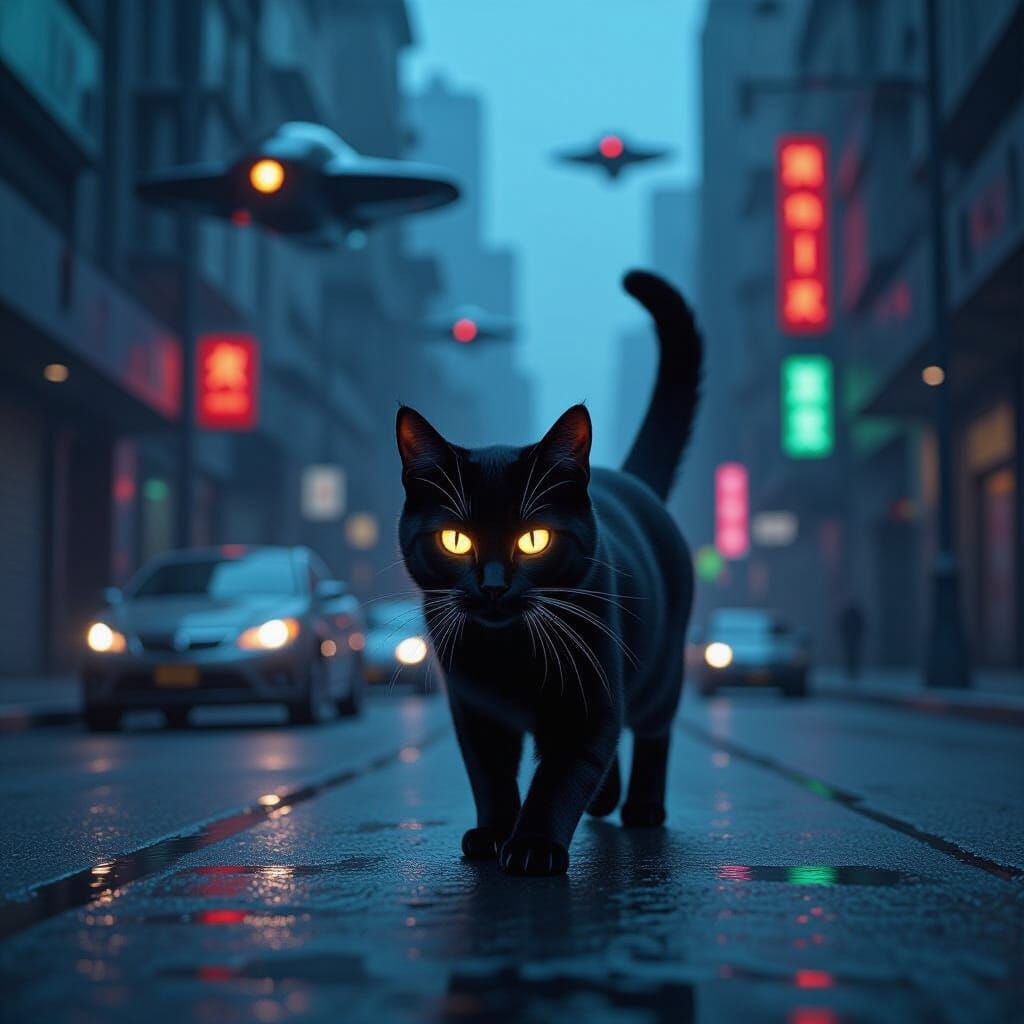 Chrome Cat With Neon Eyes in Retro City