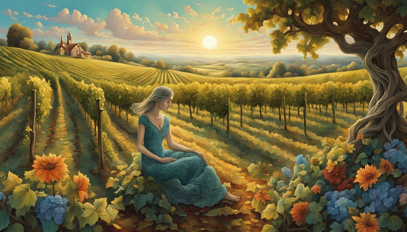 Strength in Surreal Serenity: A Figure Embodies Vineyard's R...