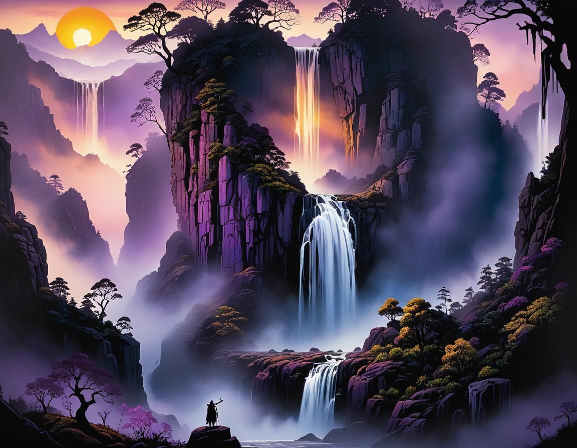 Misty Valley Waterfall at Sunrise in Violet Mist