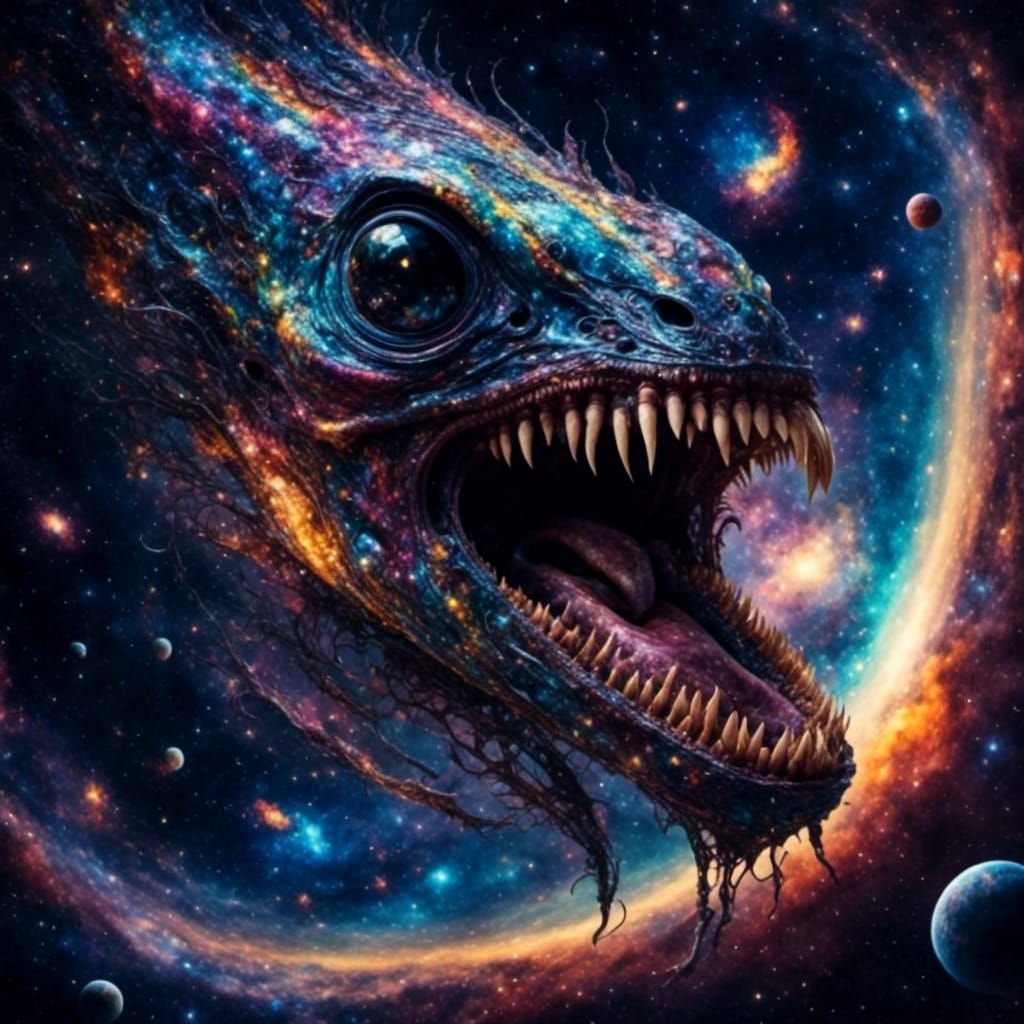 Hyperrealistic Alien Devouring Cosmos in Vivid Detail