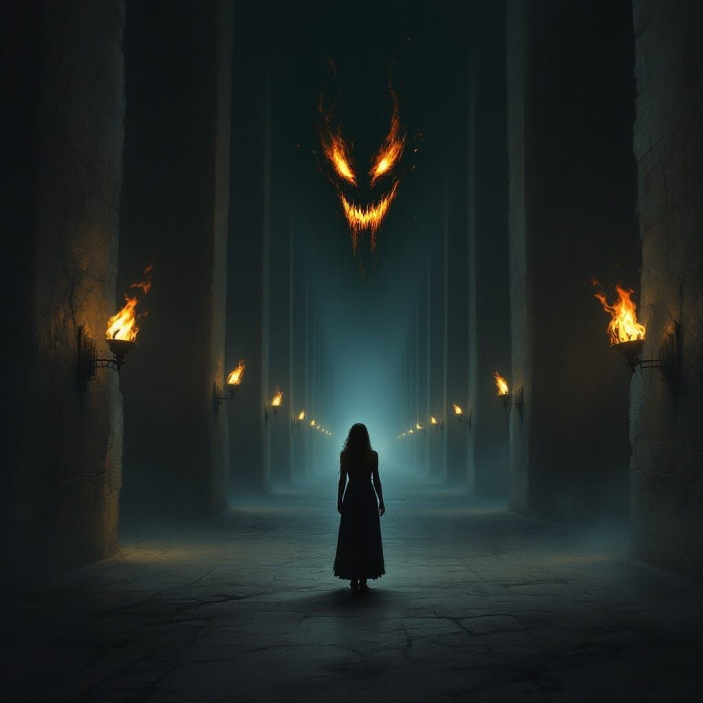 Confrontation with a Fire Demon in Dark Hallway