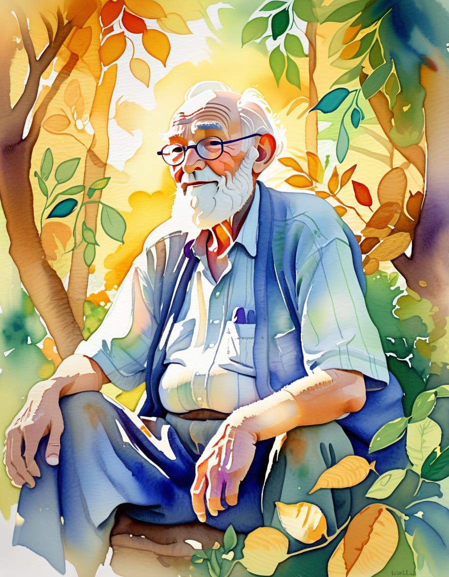 Wise Old Man in Nature: Fauvist Watercolour Painting