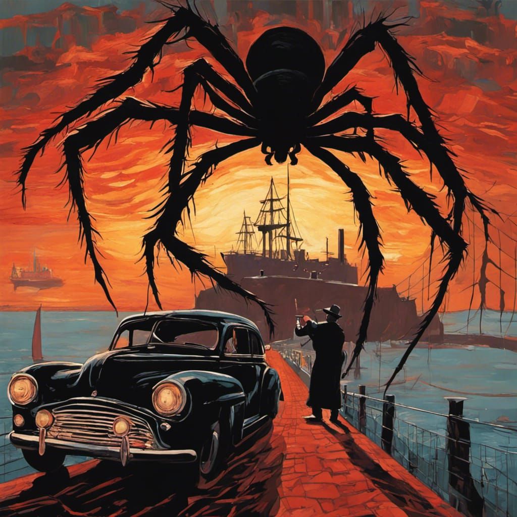 Escape from Alcatraz in San Francisco Bay and big black spiders with red eyes in the streets band poster night silhouett...