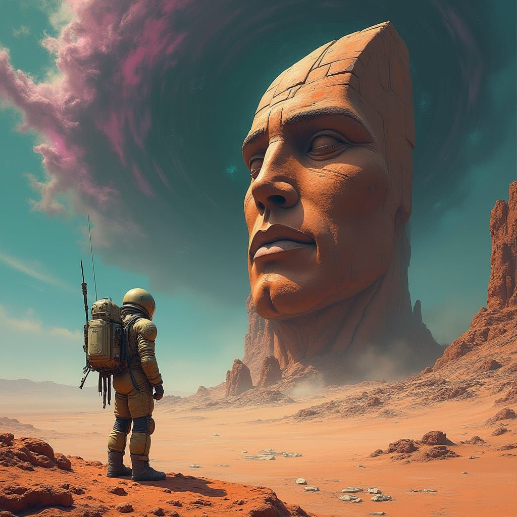 Astronaut Gazing Up at Ancient Alien Monolith