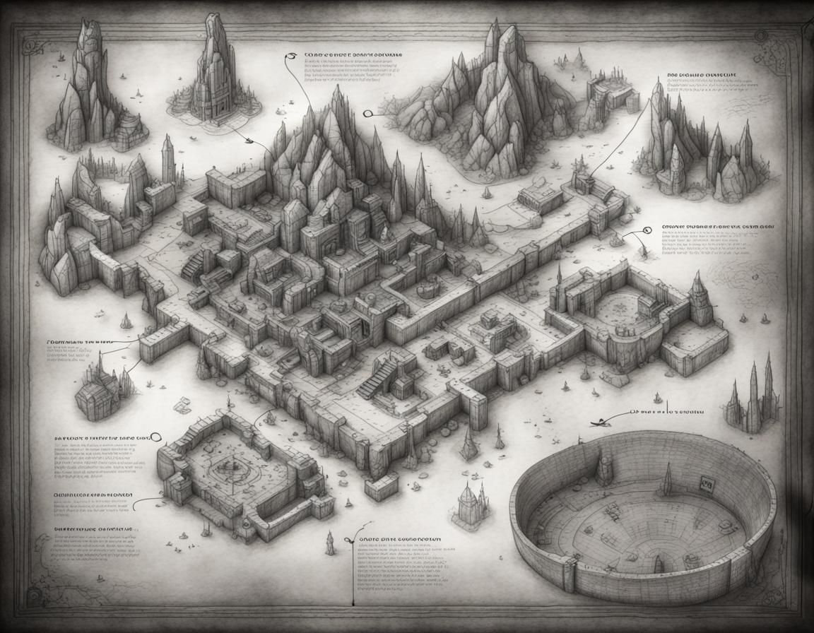 Video Game Dungeon Map in Charcoal Drawing Style
