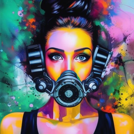 Biomechanical Girl Portrait with Gas Mask in Watercolor Styl...