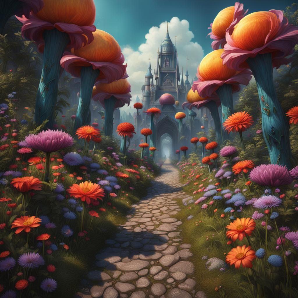 Fantasy Path with Giant Flowers, Digital Art