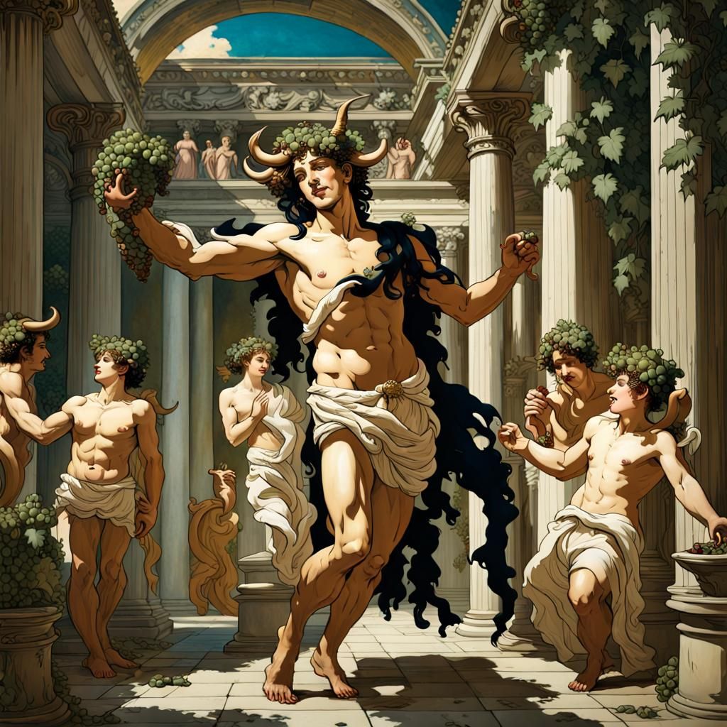 Bacchus, Horned God of Wine, in Greek Courtyard