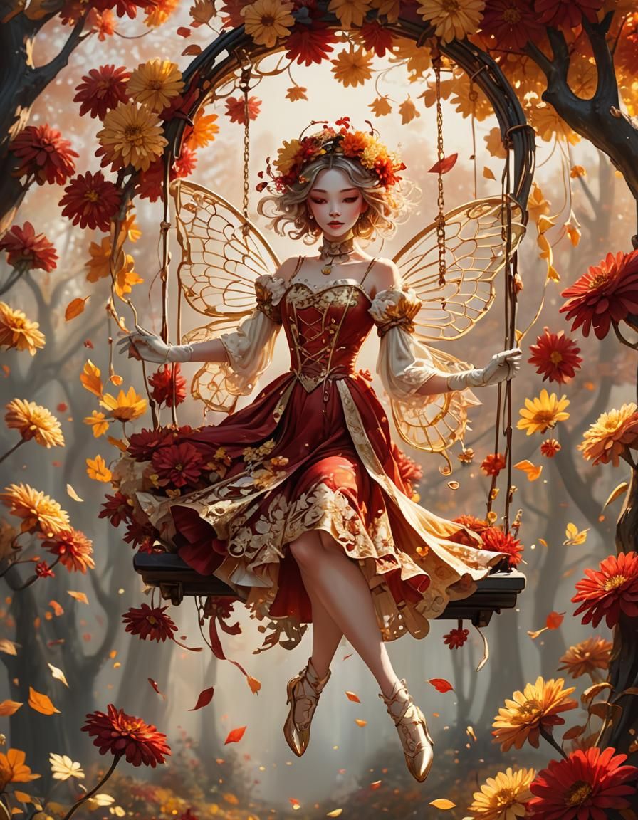 Autumn Fairy on Floral Swing: Fantasy Concept Art