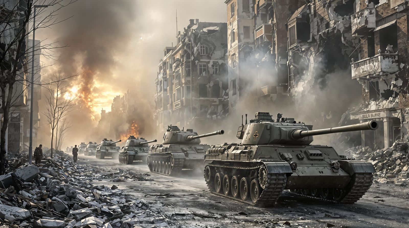 Tiger Tanks Clash in Ruined Cityscape