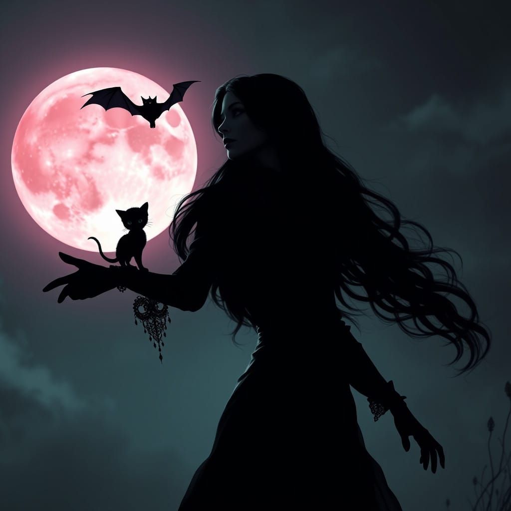 Woman Contemplates with Kitten and Bat Silhouette
