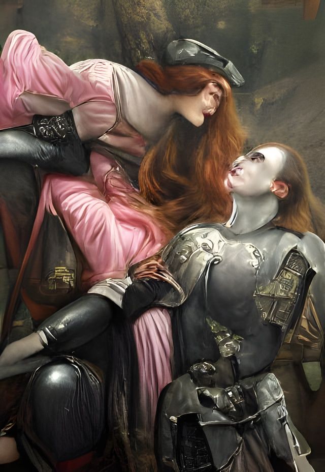 Woman Leaning Over Knight: Digital Art