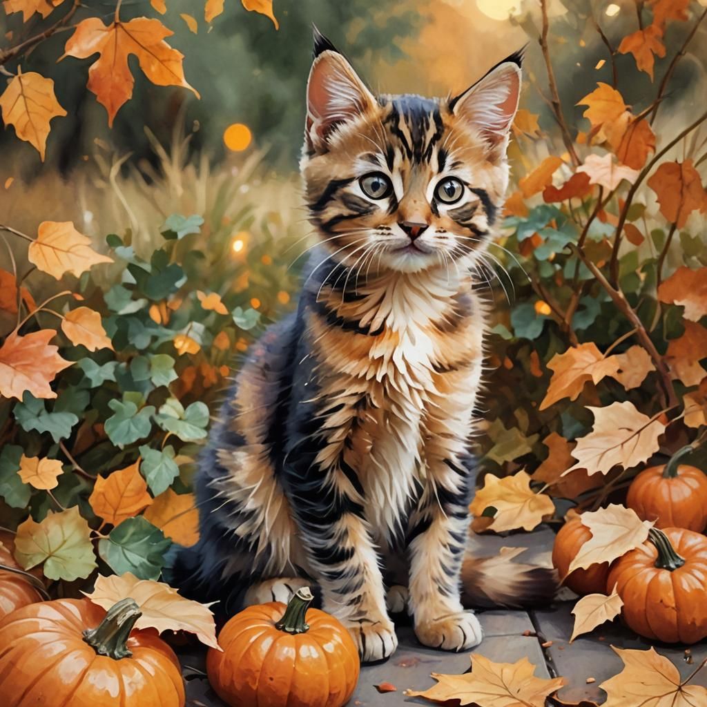 Kitten on Pumpkin in Whimsical Digital Art