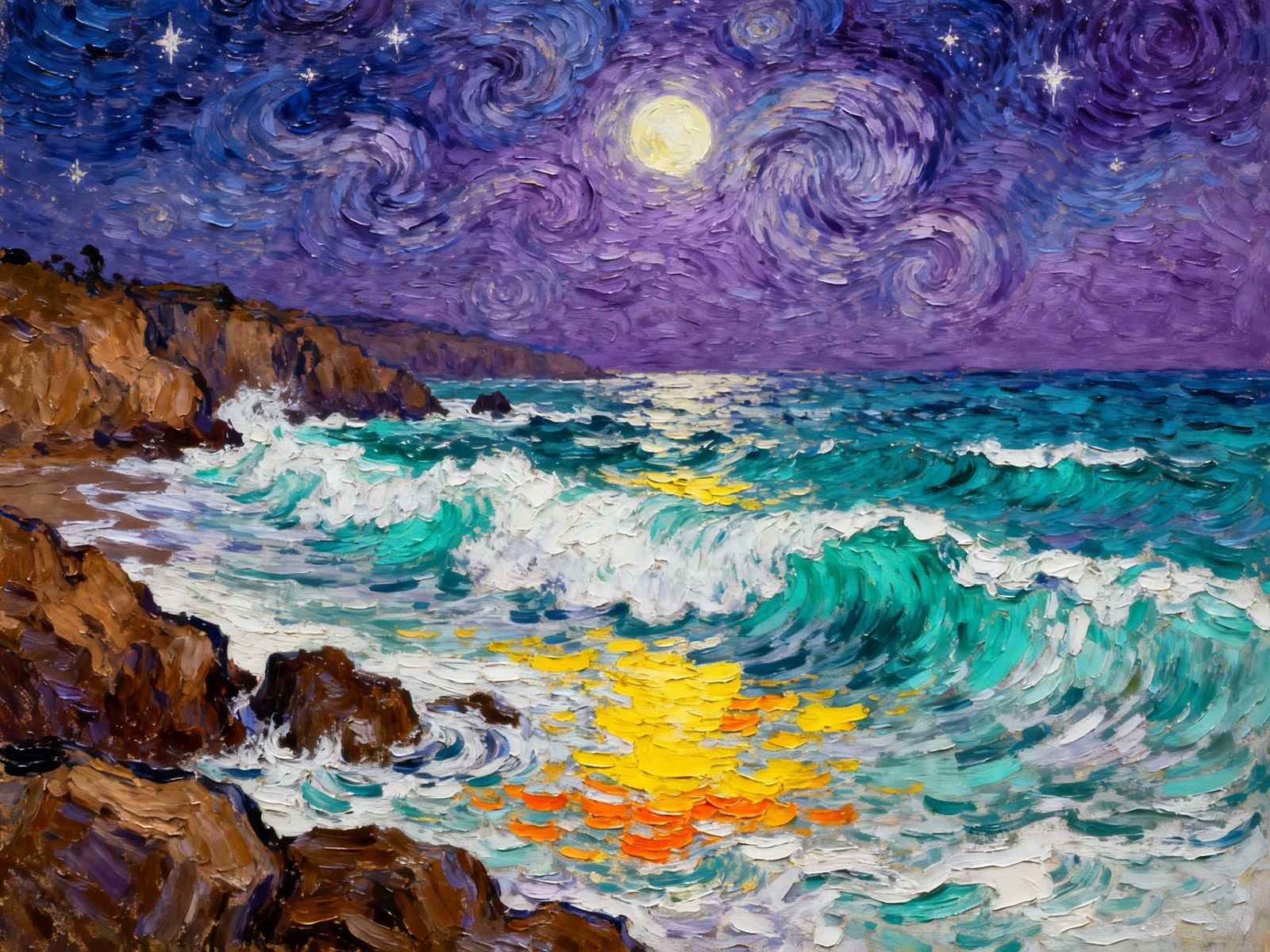 Impasto Seascape at Night in Van Gogh Style