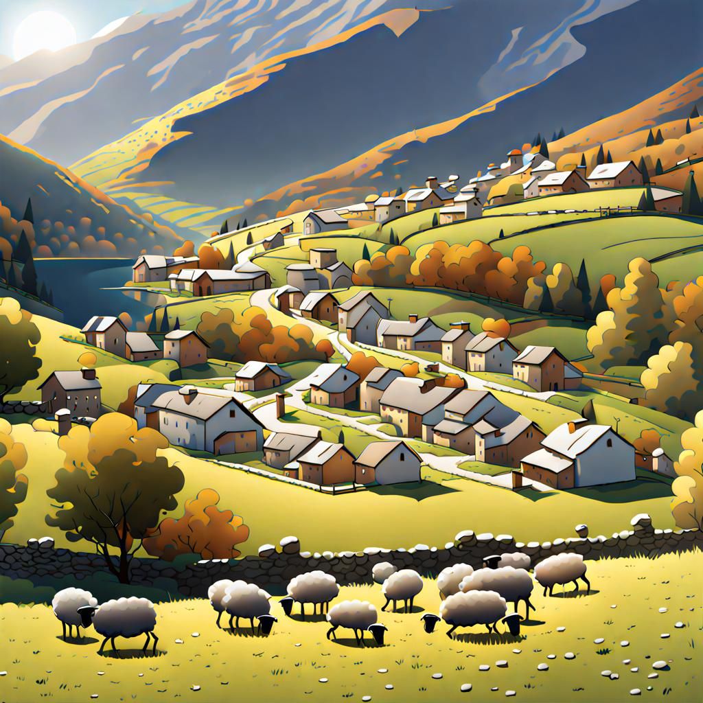 Modern Village in Valley with Grazing Sheep