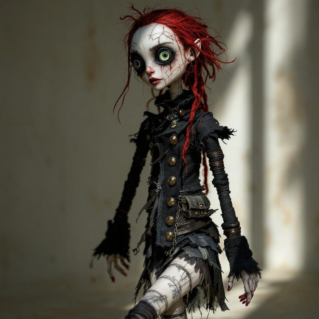 Stitched Doll in Shadow with Red Yarn Hair