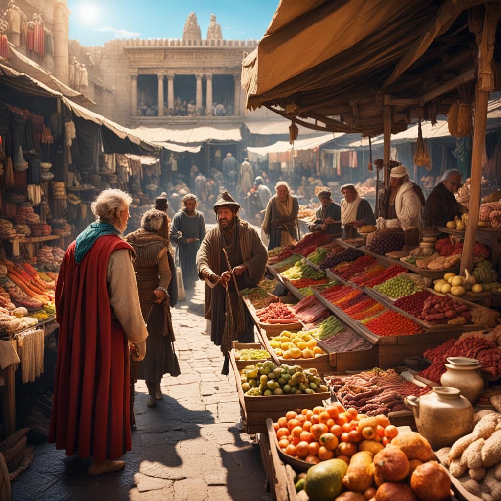 Bustling Market in Ancient Atlantis: Cinematic Film Still