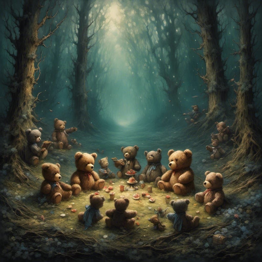 Teddy Bears' Picnic in Forest Clearing