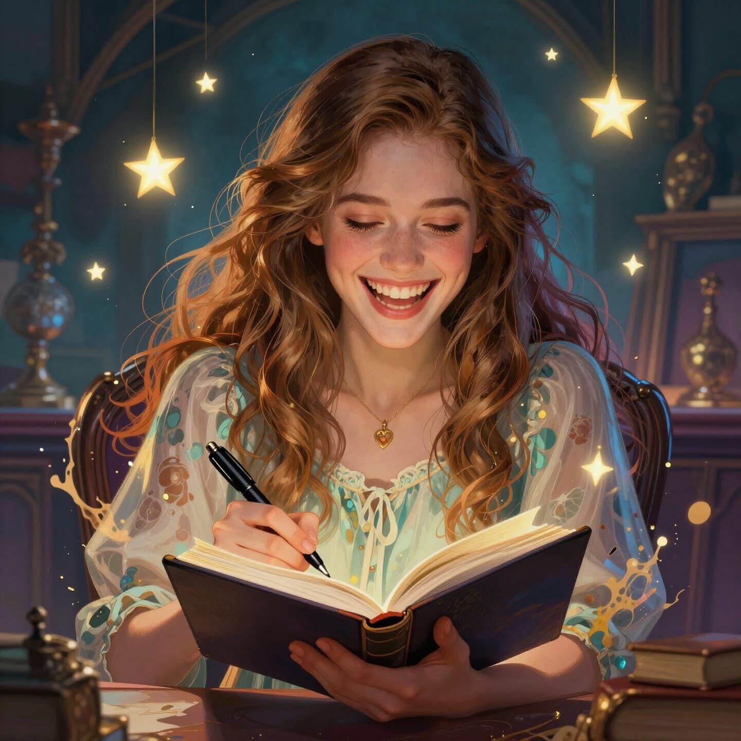 Girl Writing Memories in Magical Study