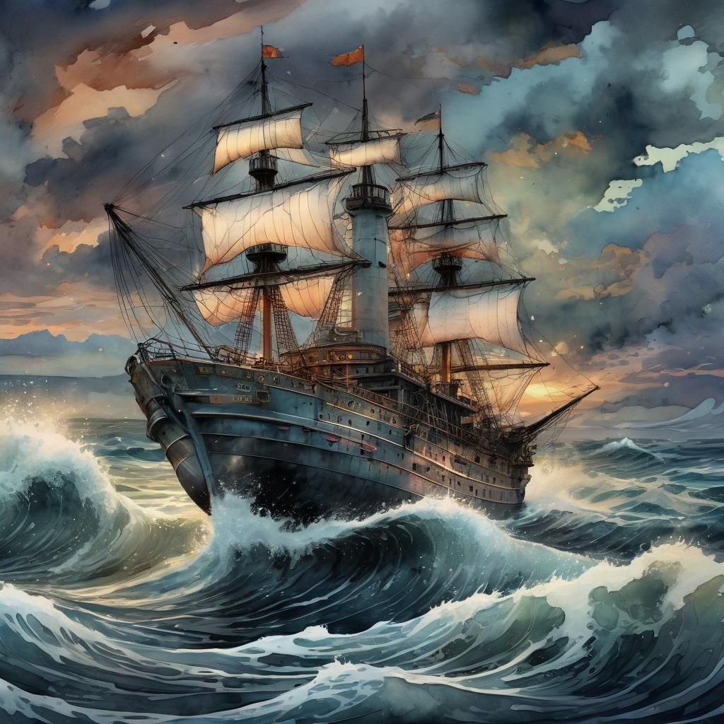 Whimsical Steamboat in Stormy Sunset: Watercolor Art