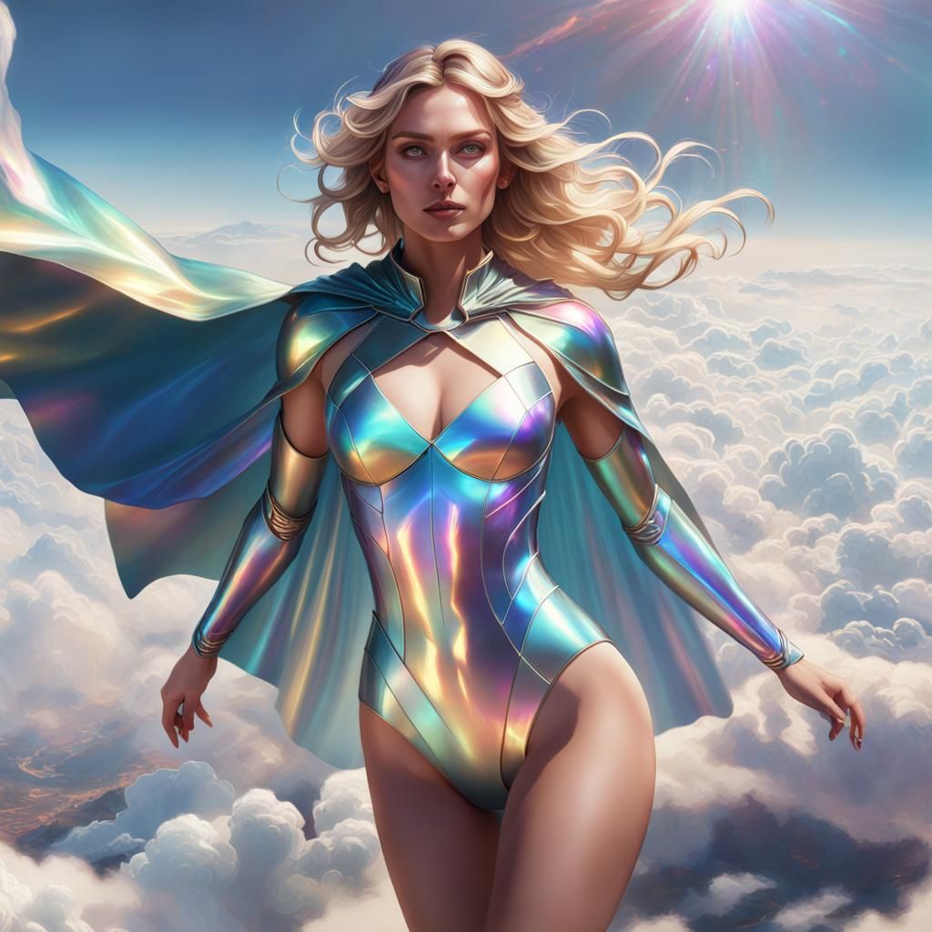 Blond Superheroine Flies Above Clouds in Hyperdetailed Portr...