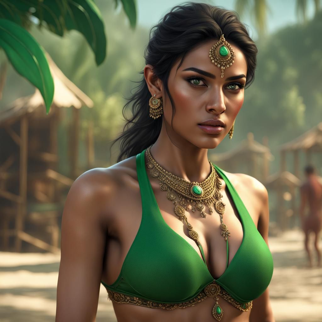Fair Indian Woman in Green Bikini, Detailed Matte Painting