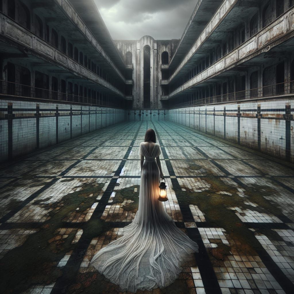 South Asian Woman with Lantern in Abandoned Pool