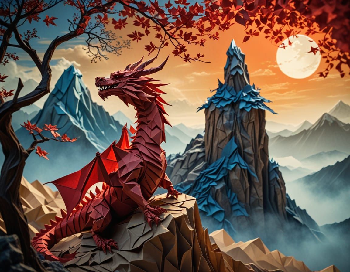 Intricate Origami Dragon on Paper Mountains
