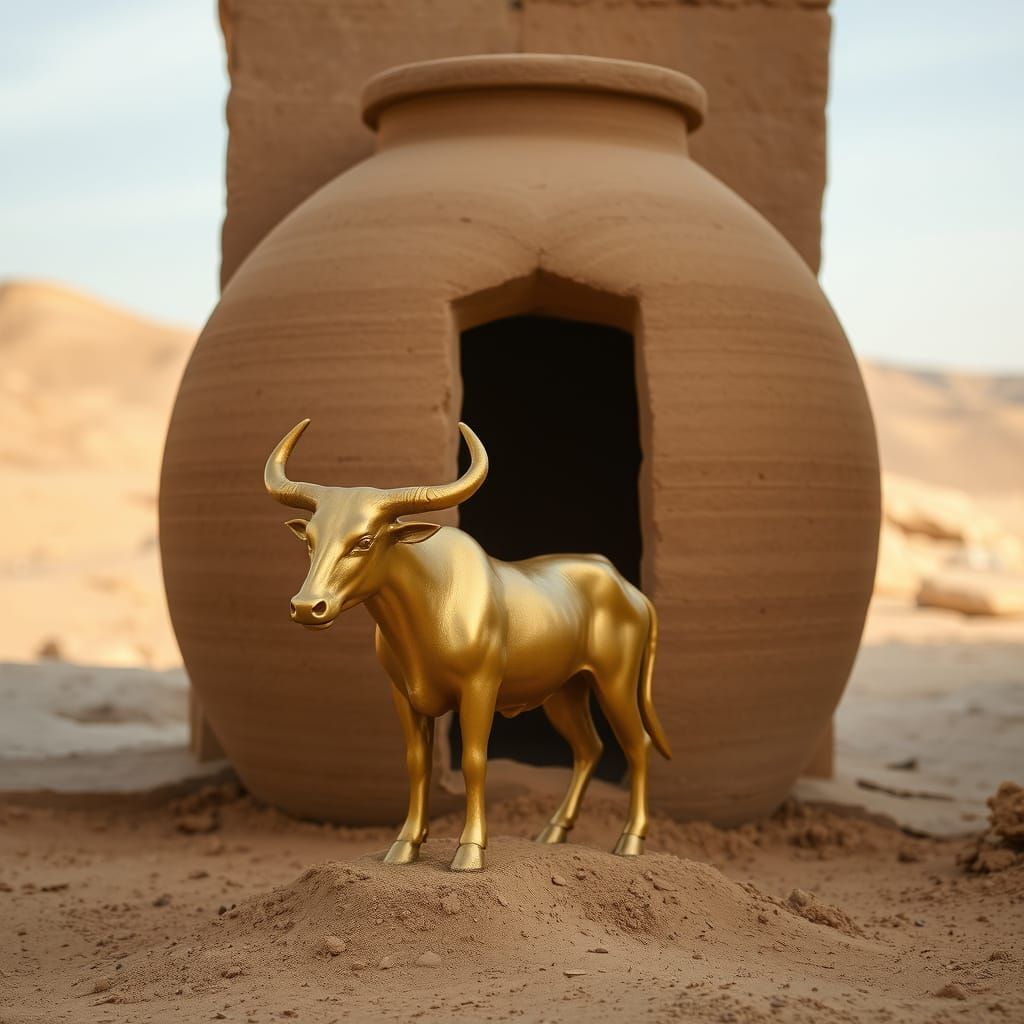 Golden Bull Statue in Ancient Desert Temple