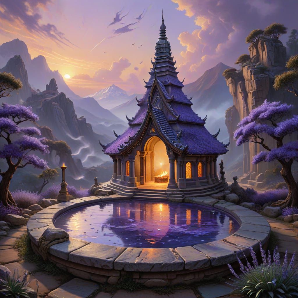 A tranquil temple bathed in lavender light as the sun sets. Vanilla beans and tonka pods are arranged in intricate patte...