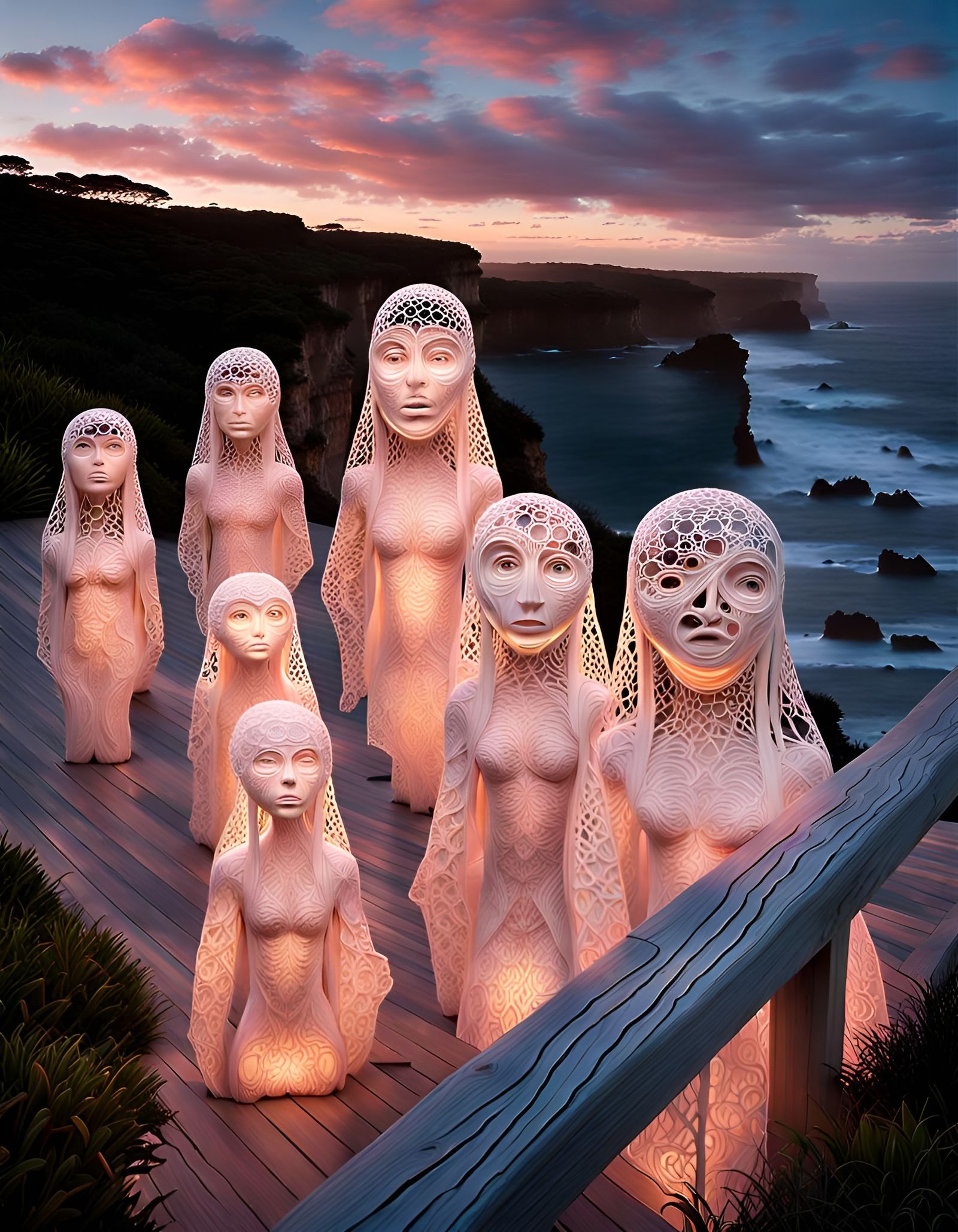 Luminous Lace Sculptures at Sunrise Over the Sea