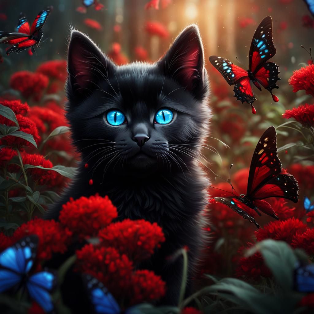 Black Kitten with Red Butterflies: Fantasy Concept Art