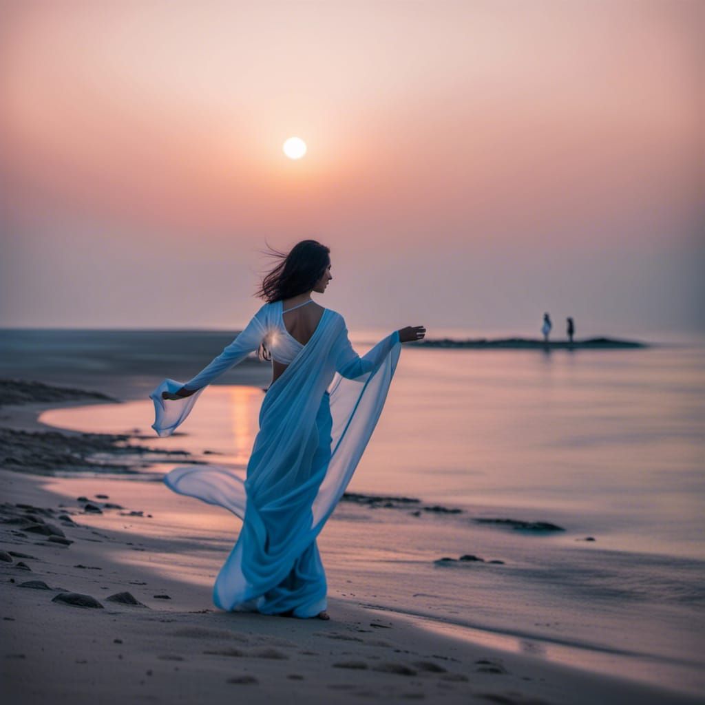Woman in White Saree Walking in Blue Light