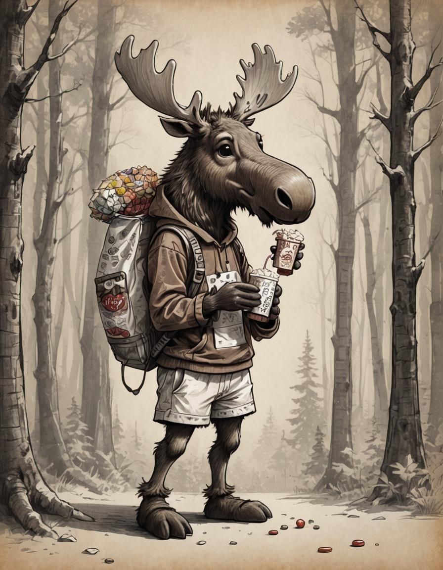 Moose Enjoys Candy Bar in Parchment Sketch