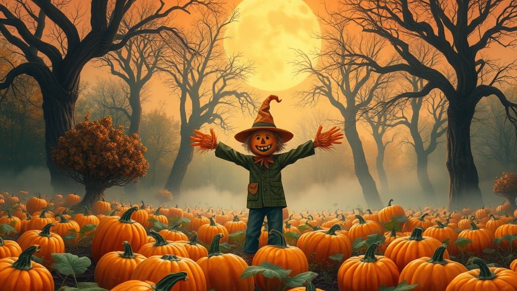 Happy Scarecrow in Misty Pumpkin Patch