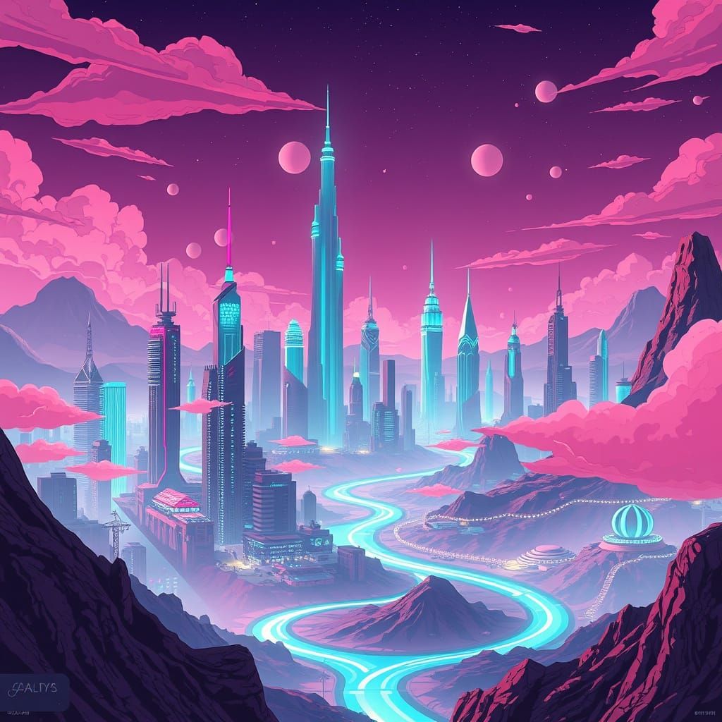 Surreal Futuristic Cityscape on Mars in Cel-Shaded Anime Sty...