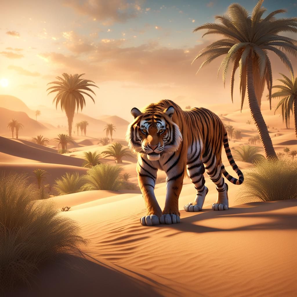 Tiger in Desert Oasis: 3D Fantasy Rendering