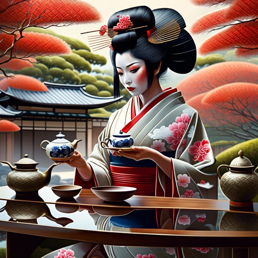 GEISHA having a tea ceremony in a Japanese-garden