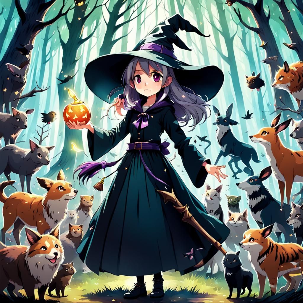 A cute anime witch casting a spell surrounded by animals in a sweeping forest
