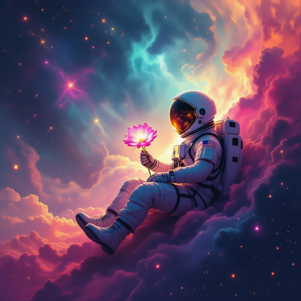 Astronaut Adrift in Cosmic Nebula with Luminous Flower