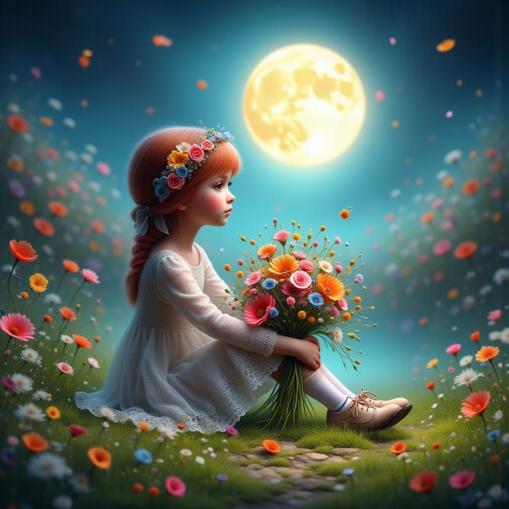 Girl Gazes at Oversized Moon in Enchanted Meadow