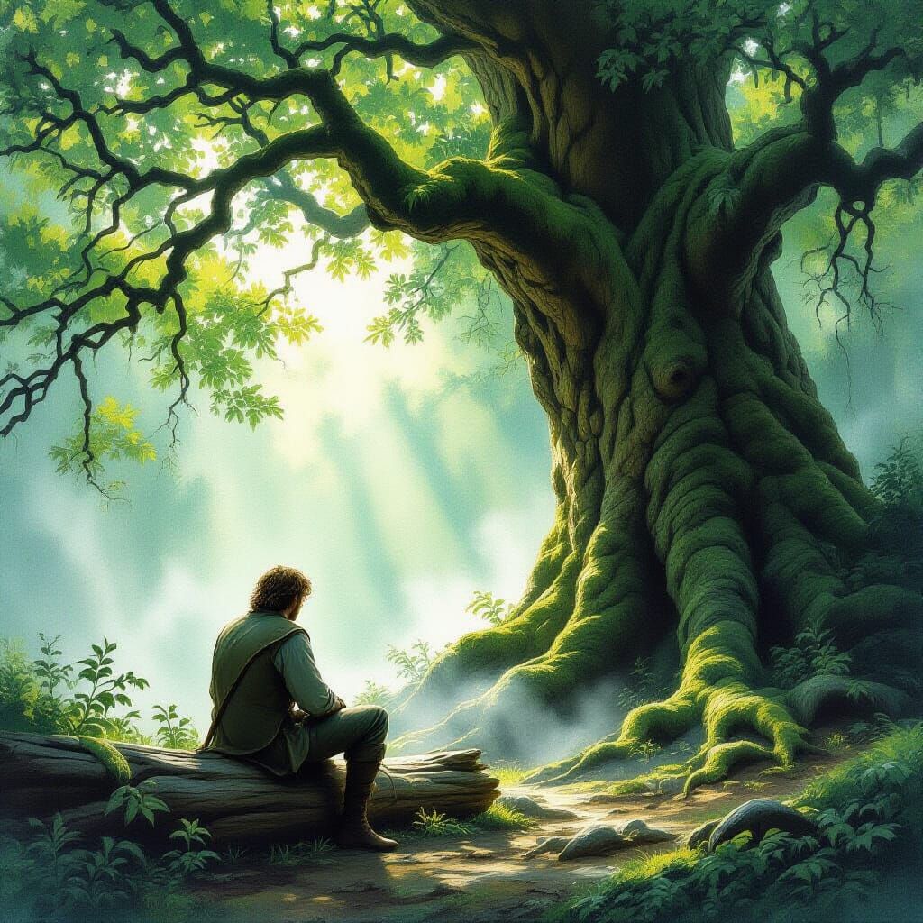 Man Contemplating in Ancient Forest, Fantasy Illustration St...