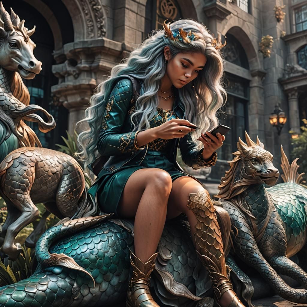 Centaur Girl with Mermaid Hair Texting: Hyperrealistic Image